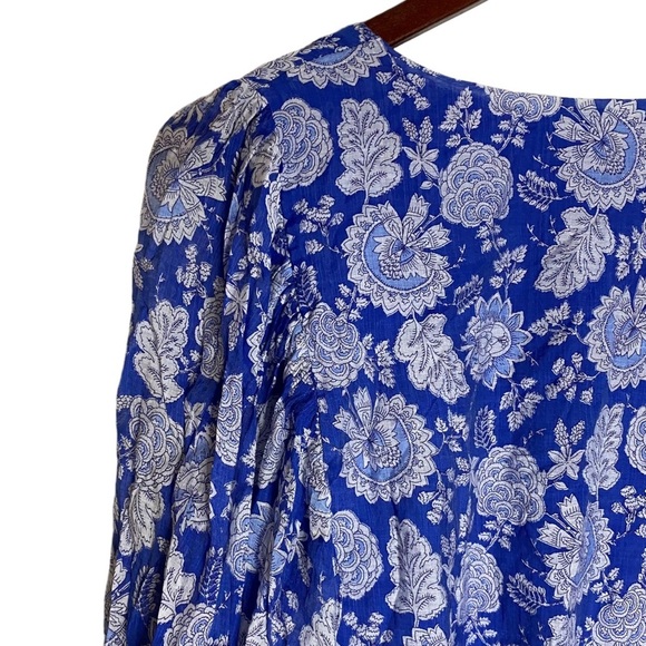 Vince Camuto Blue Gray Floral Print Smocked Waist Balloon Sleeve Peplum Small - Picture 12 of 16